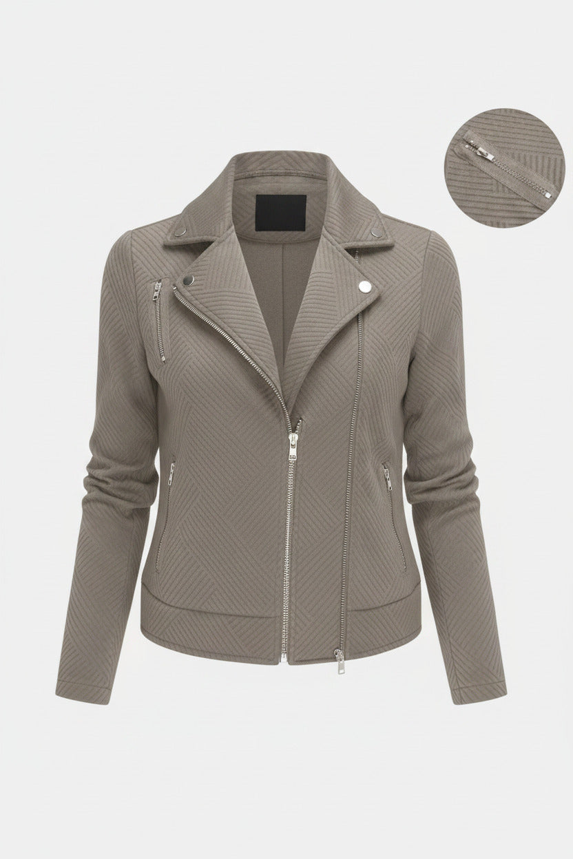 Gray jacket with zipper details on a white background