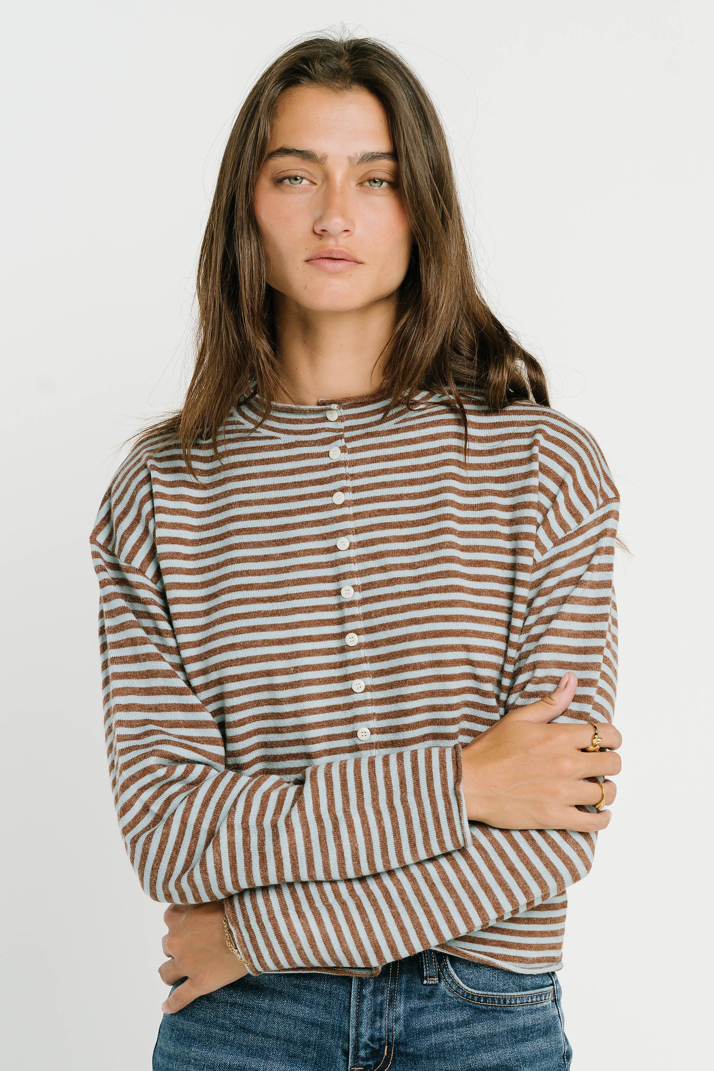 Vestria Julianne Striped Cardigan in Brown
