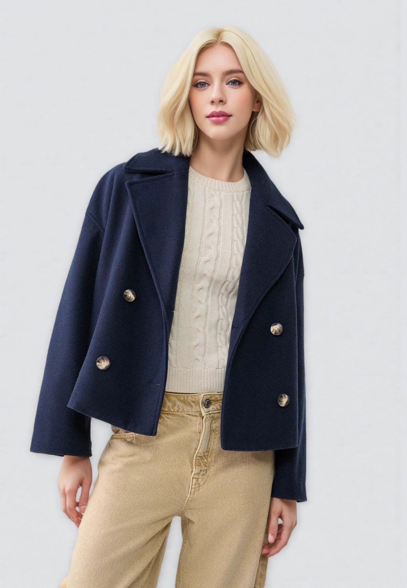 Woman wearing a navy blue coat with gold buttons on a plain background