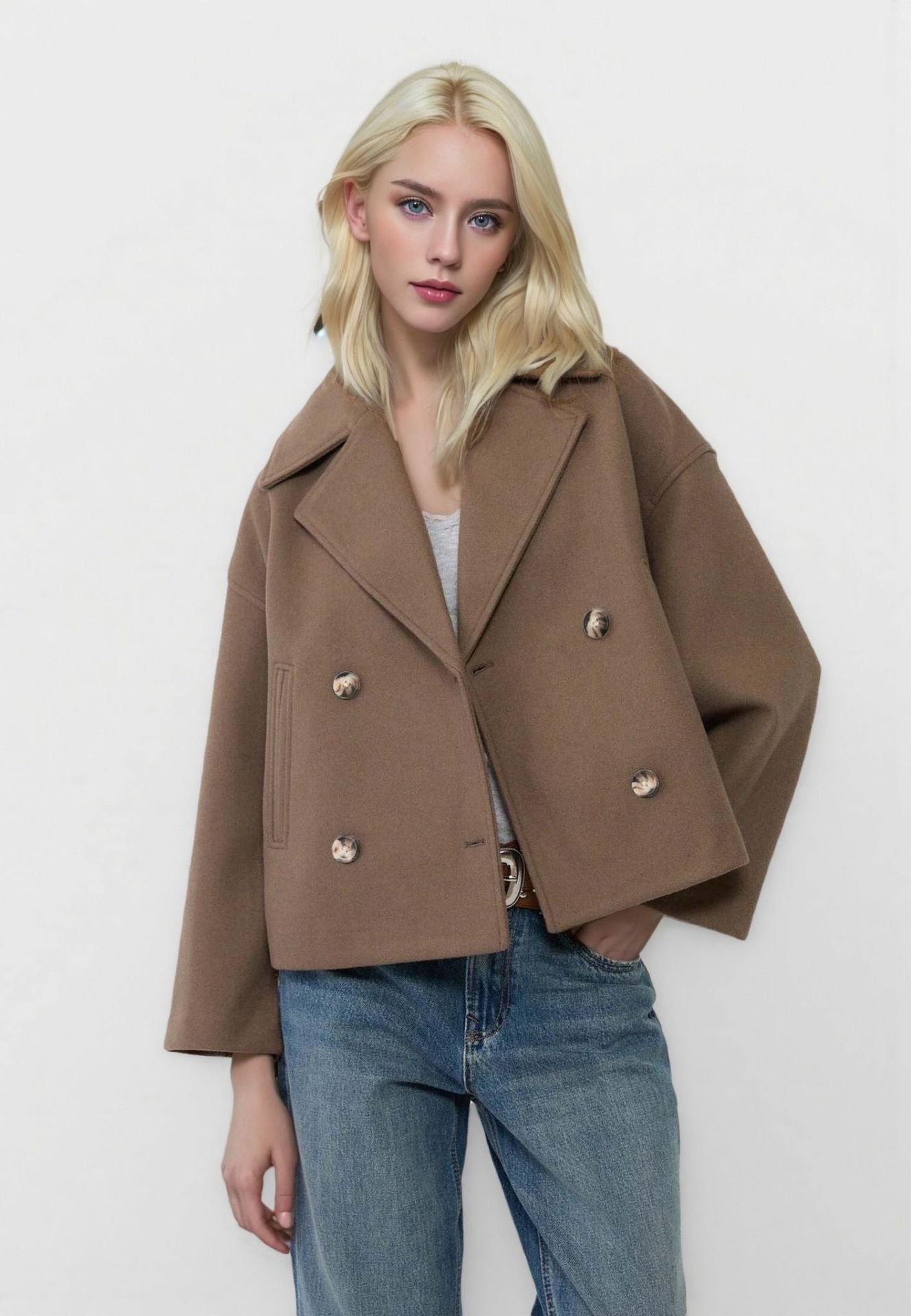 Woman wearing a brown coat with gold buttons on a white background