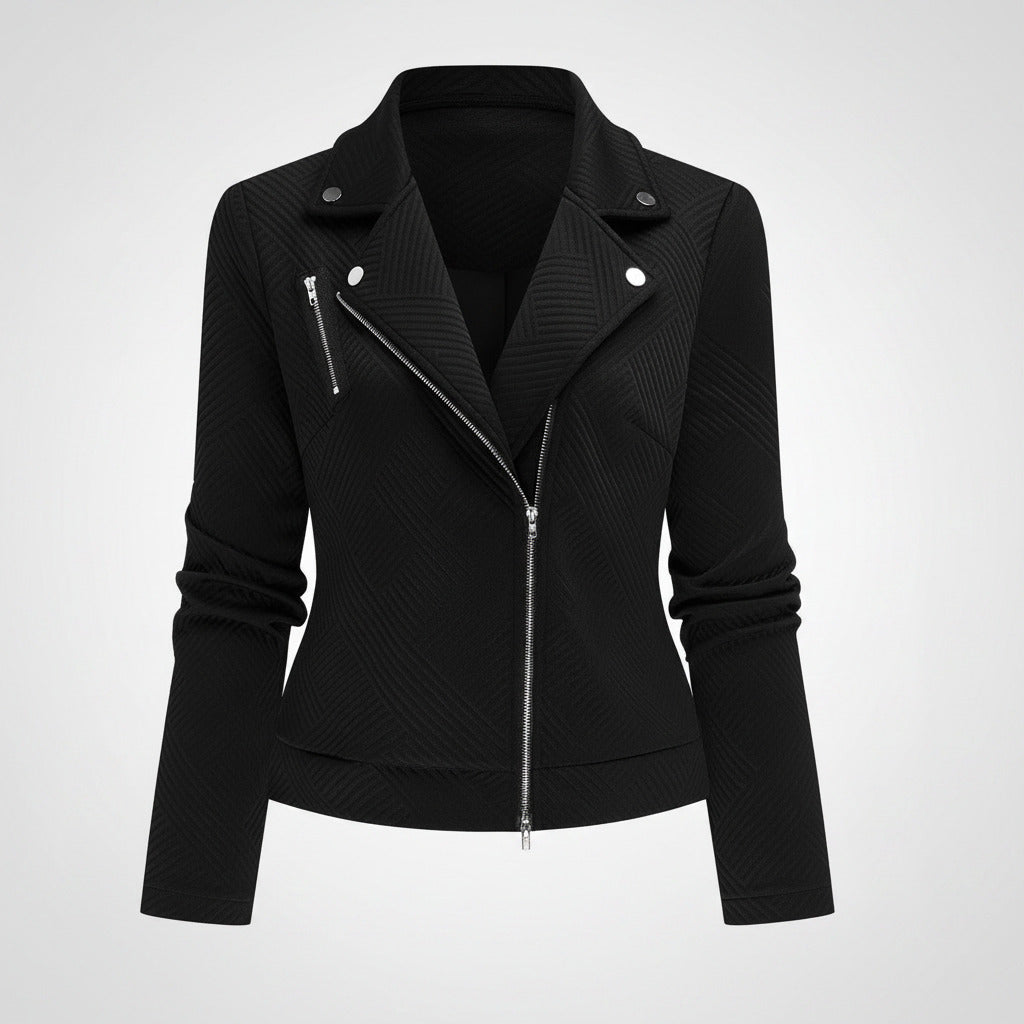 Black leather jacket with silver zippers on a white background