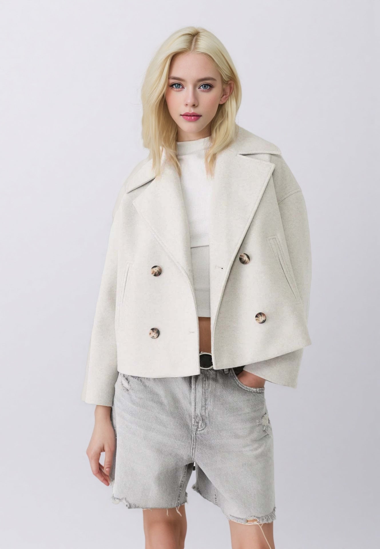 Woman wearing a white coat over a white top and light gray shorts on a white background