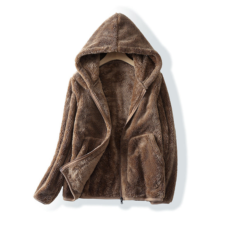 Brown fleece jacket with a hood on a white background