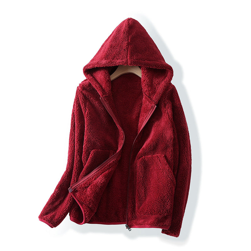 Red fleece hoodie on a white background