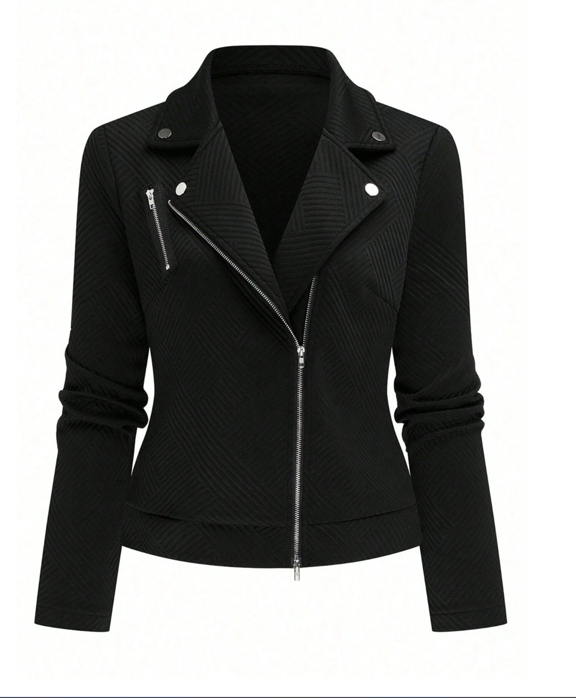 Black leather jacket with silver zippers on a white background