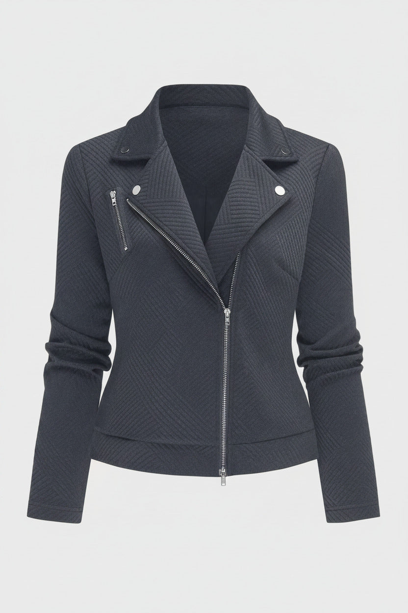 Gray quilted jacket with zippers on a white background