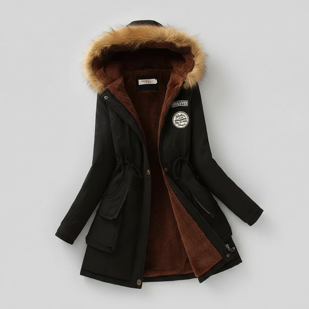 Black winter coat with fur-lined hood on a light background