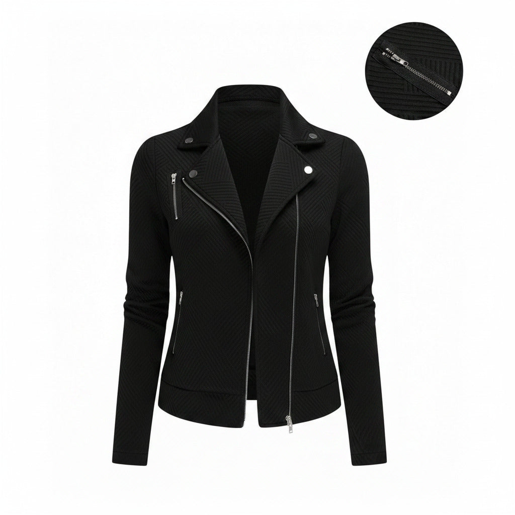 Black jacket with zipper details on a white background