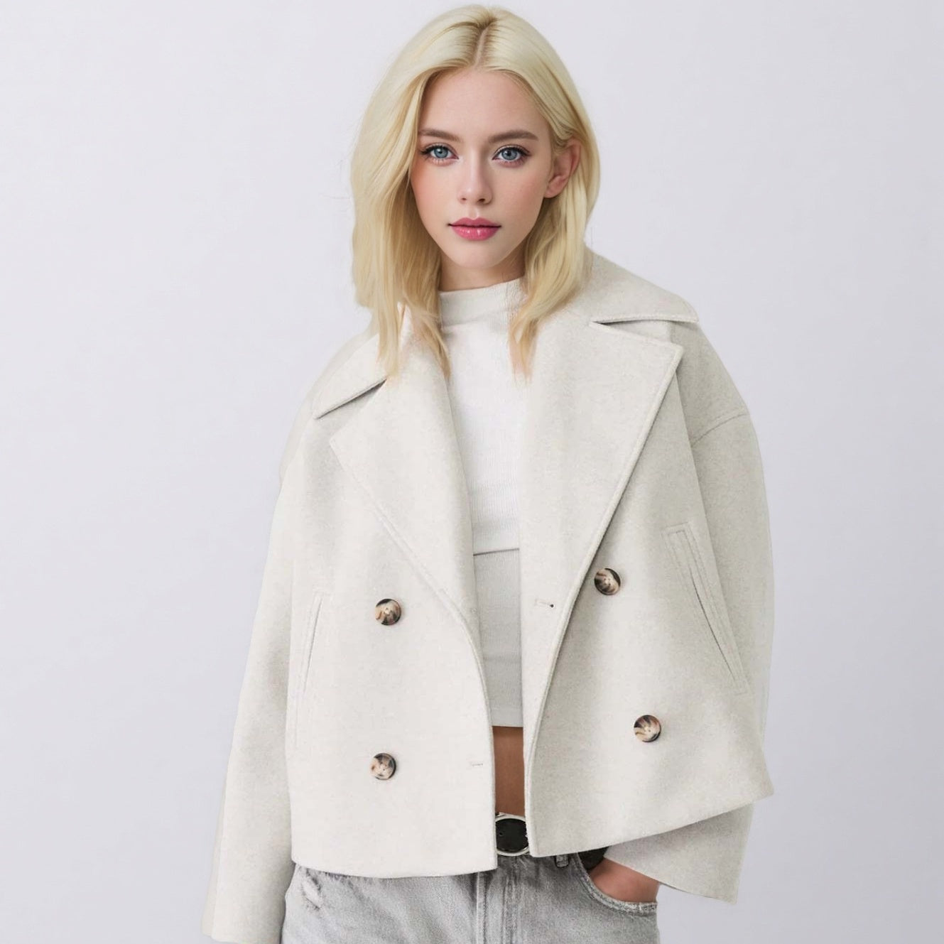 Woman wearing a beige coat on a white background