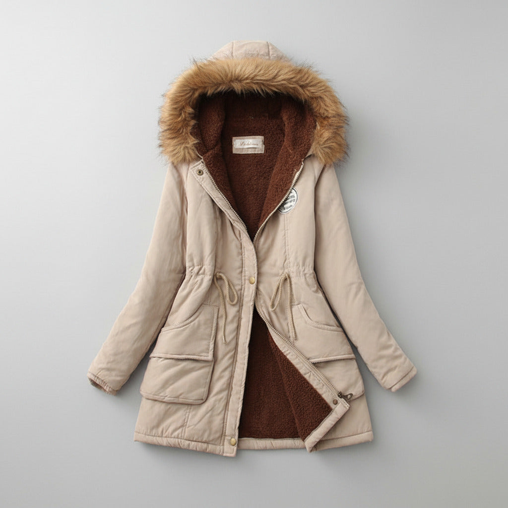 Beige parka coat with fur-lined hood on a beige background