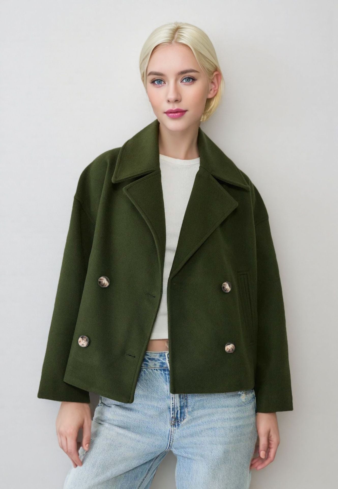 Woman wearing a green coat with gold buttons against a plain background
