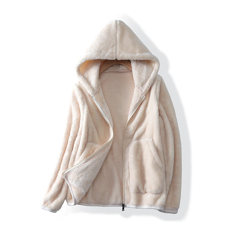 Beige fleece jacket with hood on a white background