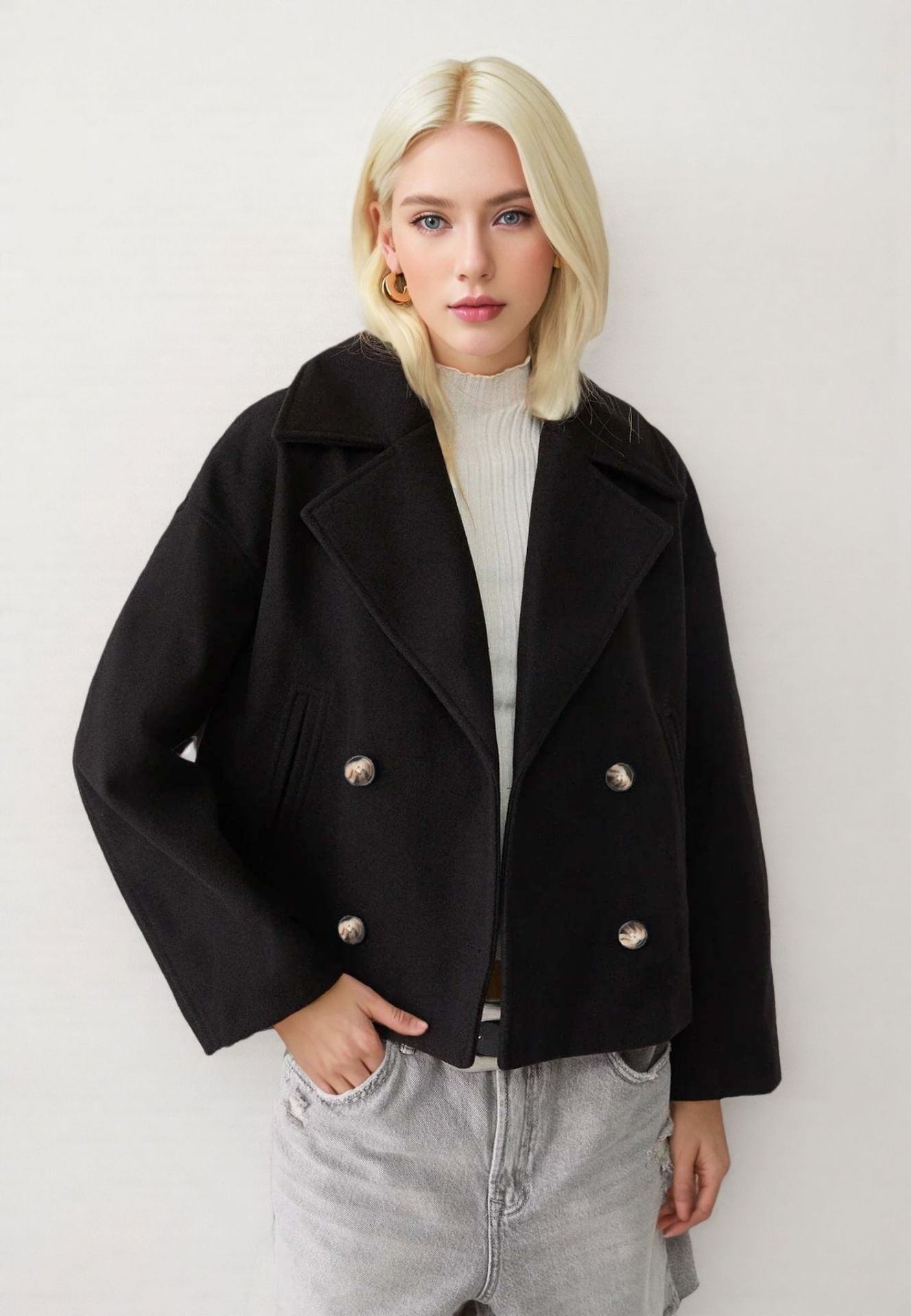 Person wearing a black coat with silver buttons on a white background