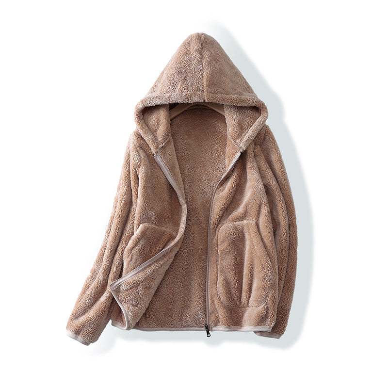 Brown fleece jacket with a hood on a white background