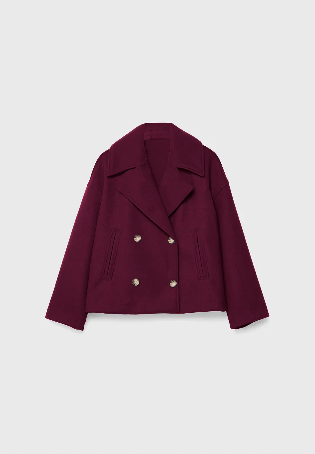 Maroon jacket with pearl buttons on a light gray background