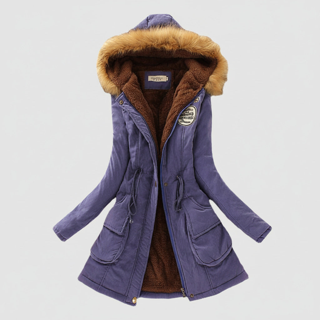 Purple winter coat with fur-lined hood on a white background